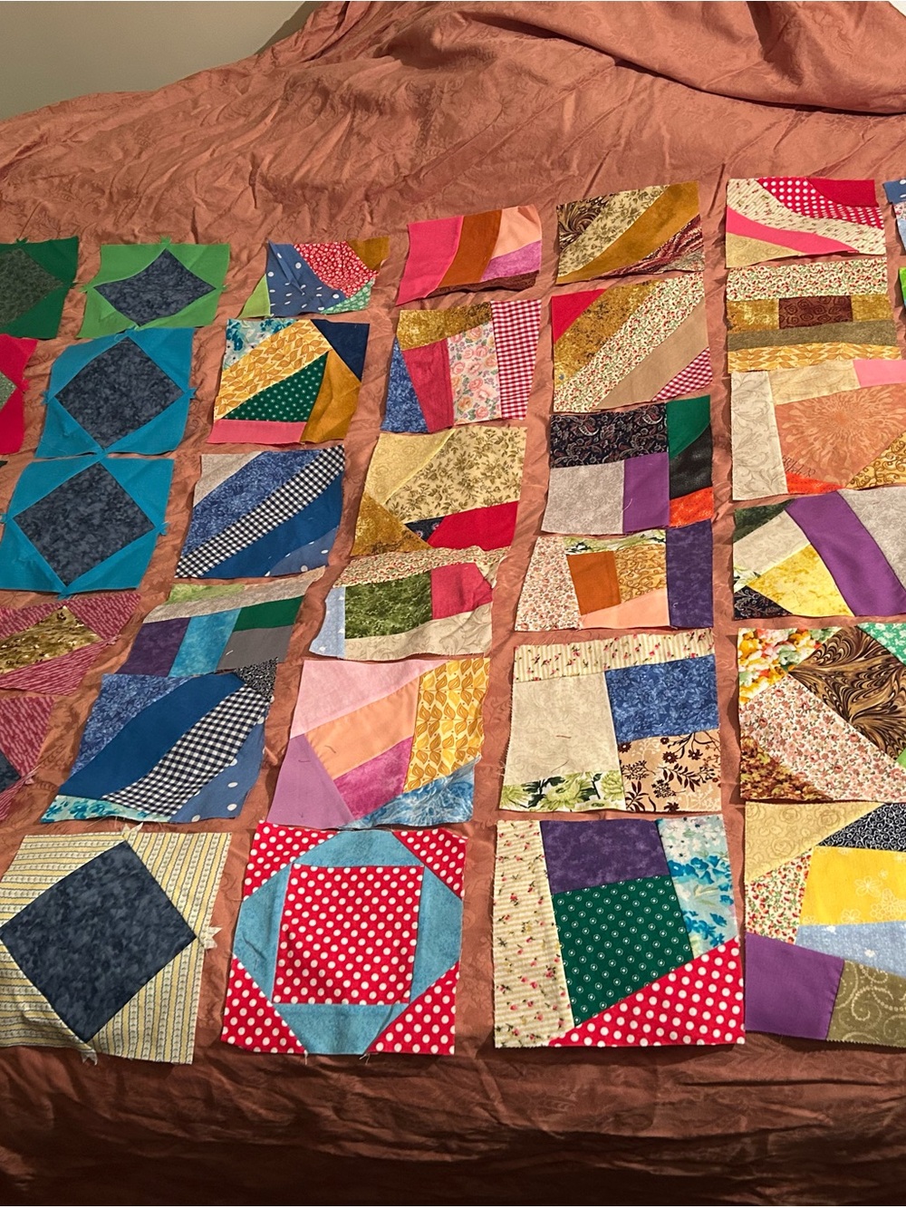 New Handmade Multicolor Patchwork Quilt Blocks (50) - Assorted Colors, 6.5”x6.5”